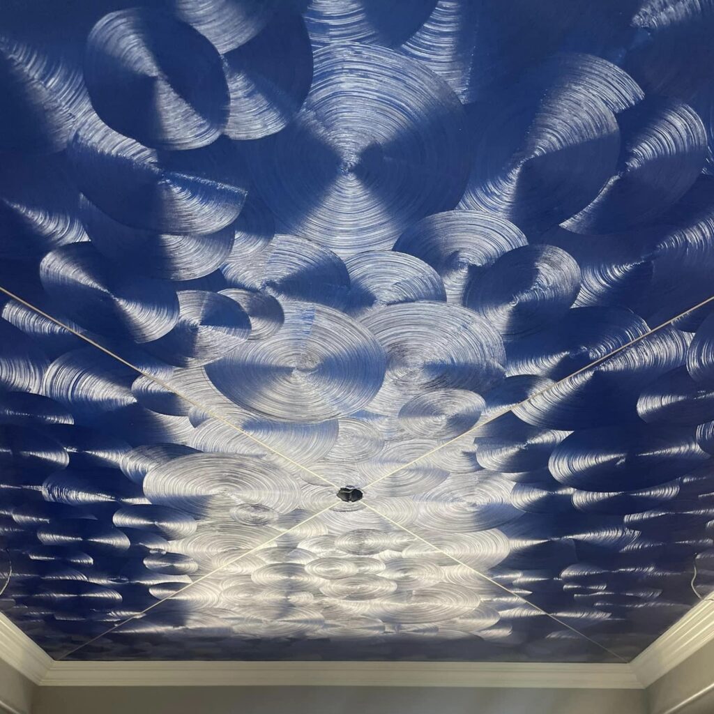 Fe Fi Faux Studios textured blue ceiling finish.